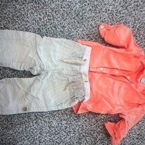 Orange button up shirt and beige pants set